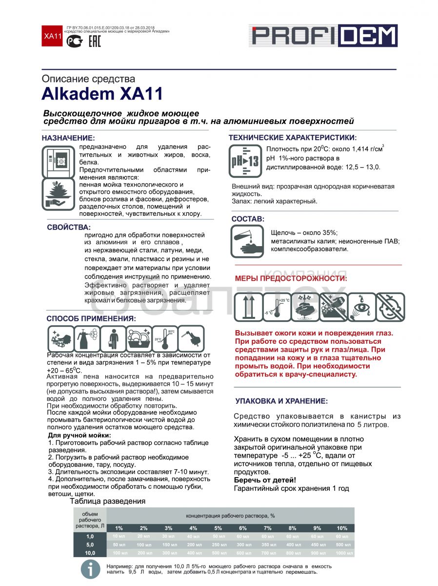 Моющее средство для удаления пригаров на алюминии Alkadem XА11